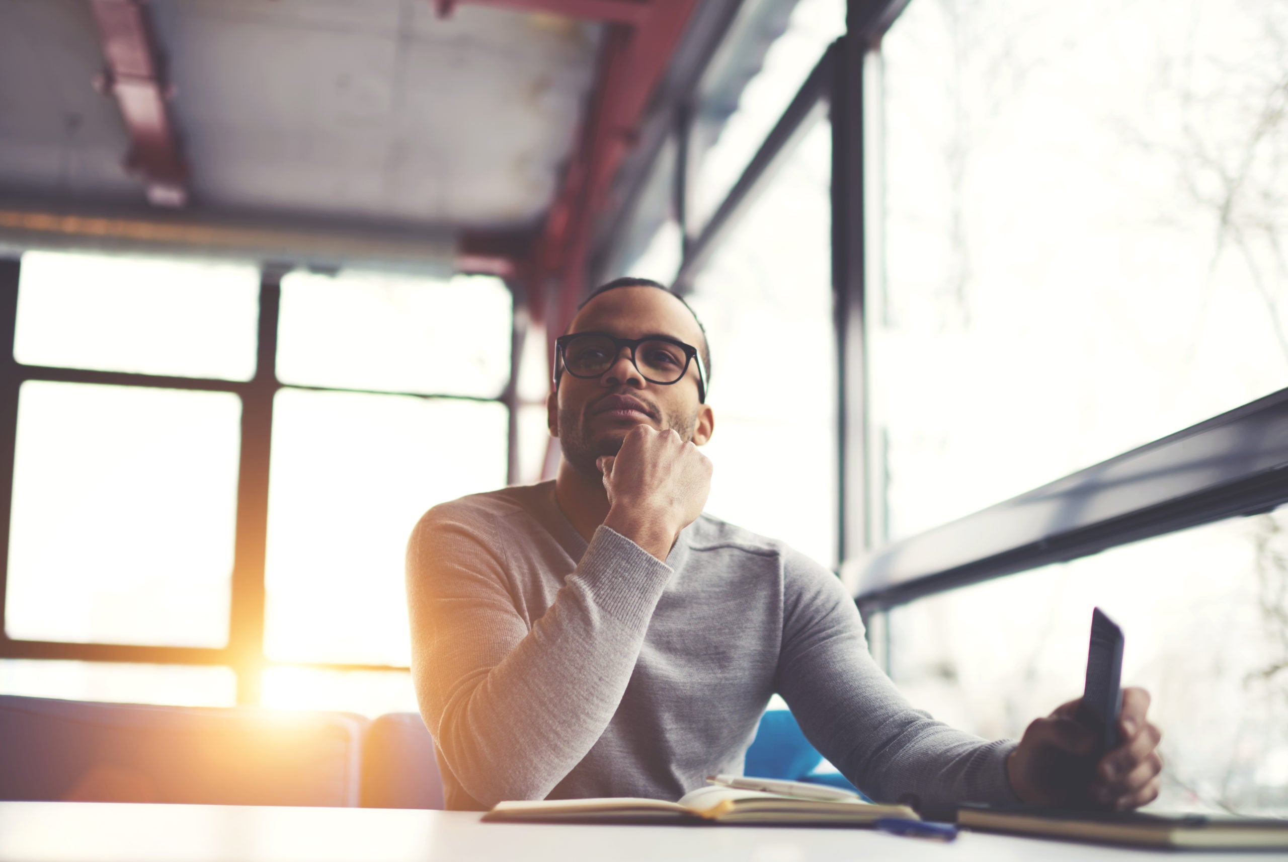 Pensive,Afro,American,Handsome,Professional,Writer,Of,Popular,Articles,In