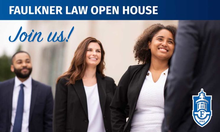 Faulkner Law School open house banner with three professional people standing talking to someone off camera. 