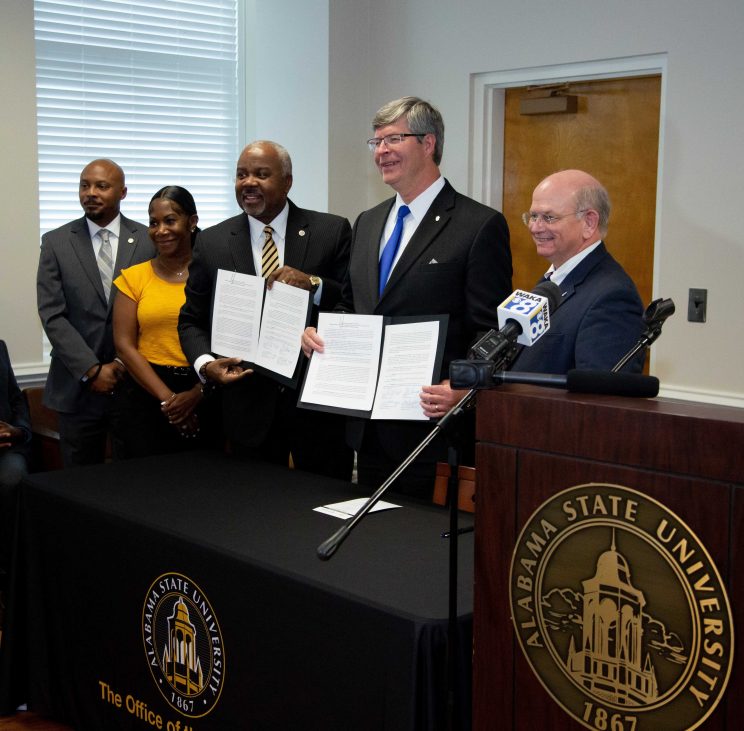 Faulkner President Mitch Henry, ASU President Dr. Quinton T. Ross Jr., Faulkner Law Dean Charles Campbell, and ASU Provost and Vice President of Academic Affairs Dr. Carl Pettis signed the Memorandum of Understanding on September 24, 2024.