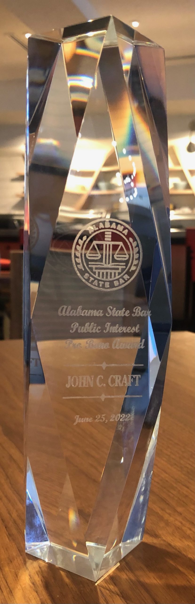 John Craft awarded the crystal 2022 Public Interest Attorney Award